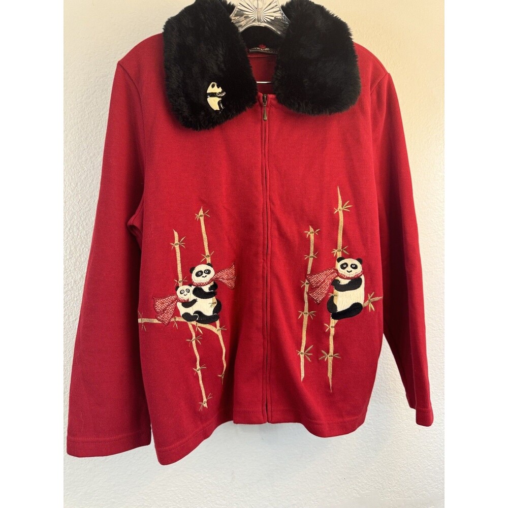 Vintage Onque Casuals Red Panda Jacket Removable Faux Fur Neckline Panda Brooch